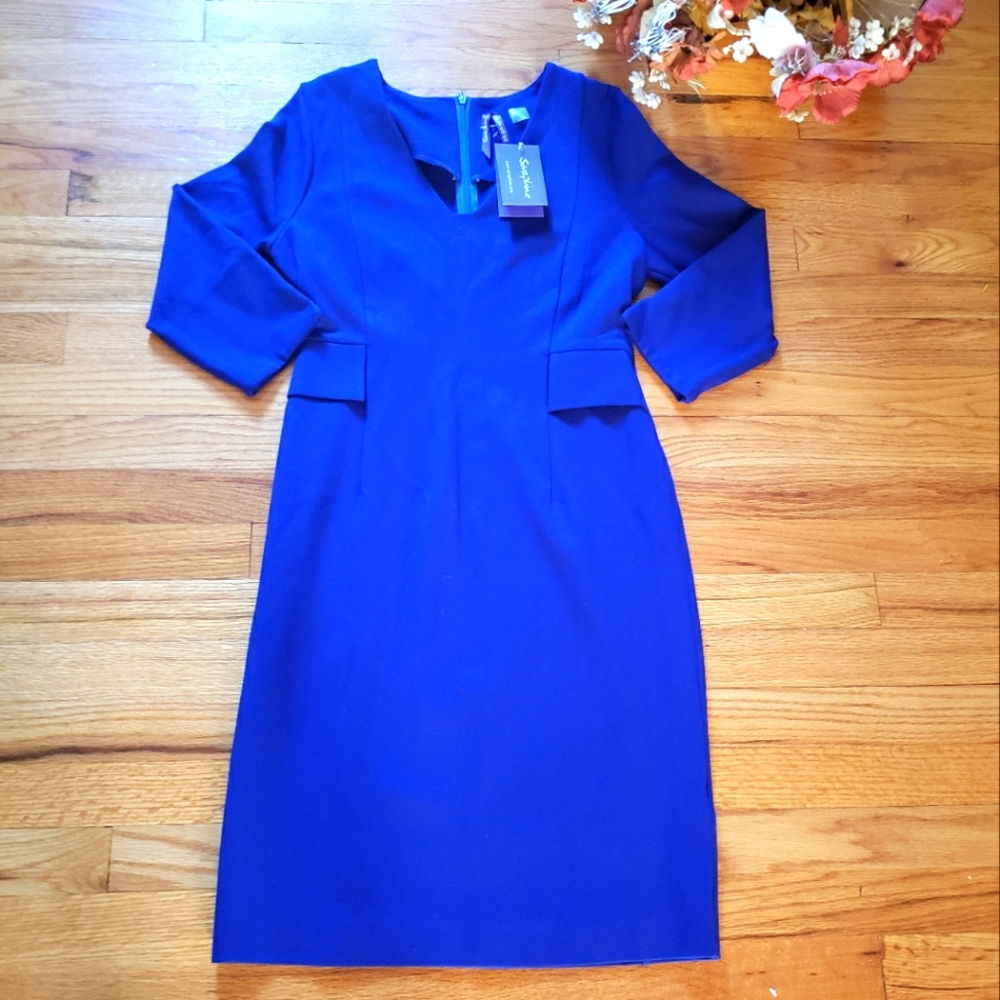 Seraphine Royal Blue Dress 4  Faux Pockets  Ponti V-Neck Maternity Stretch  NWT